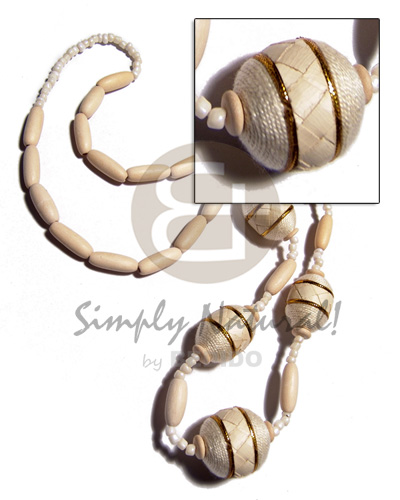 nat. white wood capsules  oval wood beads 25x18mm wraped in thread and banig combination / bleached white, crme and gold tones / 28in - Home