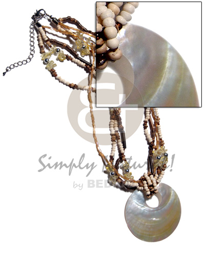 45mm round MOP shell pendant on 4 rows 2-3mm coco Pokalet bleach /tiger, cut beads and agsam bamboo combination - Home