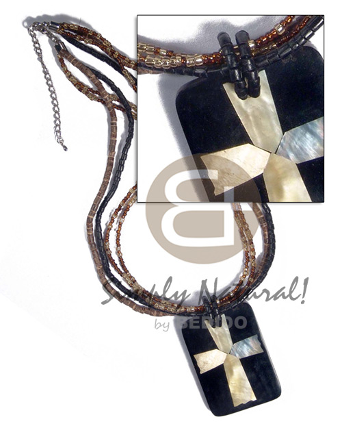 4 rows - 2-3mm coco heishe black/brown and glass beads combination  58mmx42mm MOP cross laminated in rectangular clear and black resin /  7mm thickness / 18in - Home