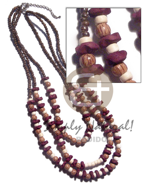 3 graduated rows of 2-3mm coco Pokalet nat brown  10mm coco flower in wine color, palmwood  round beads, 4-5mm coco Pokalet bleach white accent / 15in/18in/20in /ext. chain - Home