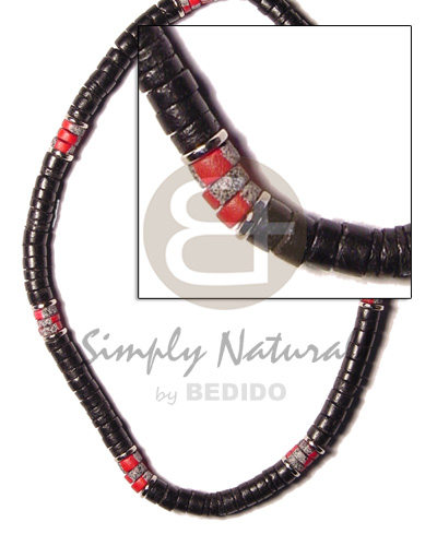 7-8mm coco black heishe   red splashing and silver metal coco pokalet/elastic - Home