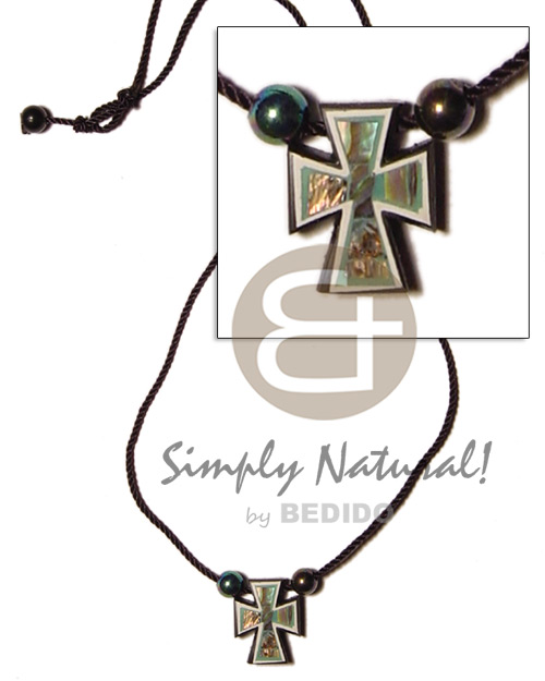 cord necklace  abalone "paua" cross  resin backing pendant - Home