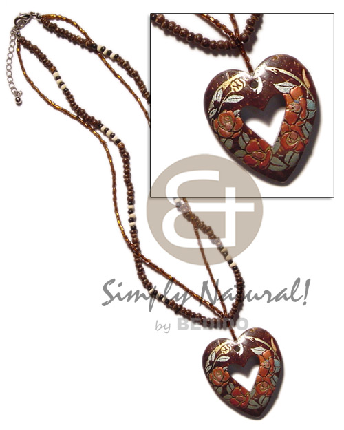 2 rows cut glass beads /2-3mm coco Pokalet. nat. brown  handpainted heart pendant - Home