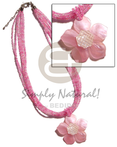 6 rows pink  multi layered glass beads  pink 45mm flower hammershell pendant  grooved nectar - Home