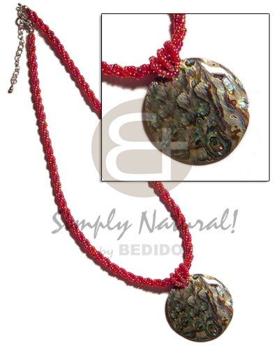 3 rows twisted fuschia glass beads  round 40mm paua "abalone"  pendant - Home