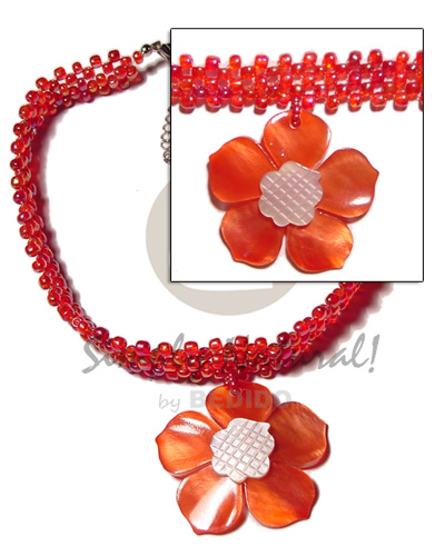 red glass beads flat choker  matching red hammershell flower  groove - Home