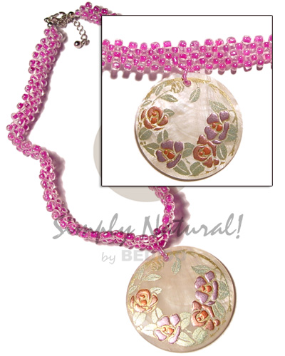 clear & pink glass beads flat choker  matching 40mm round handpainted hammershell pendant - Home