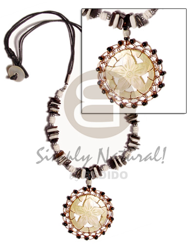 carved round floral MOP  brass wire & glass beads in wax cord  white rose, white clam & sq. cut blacklip - Home