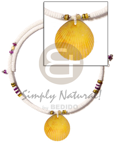 white clam 3-4mm  wire choker  hammershell heishe  accent  40mm yellow limpit shell pendant - Home
