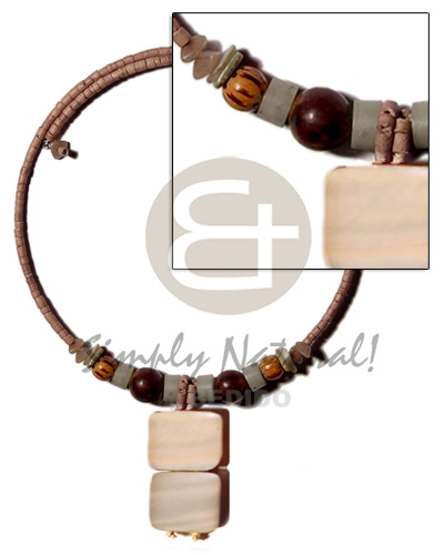 mocca 2-3mm coco heishe wire choker  buri & wood beads accent  dangling two 20mmx25mm rectangular kabibe  resin backing pendant - Home