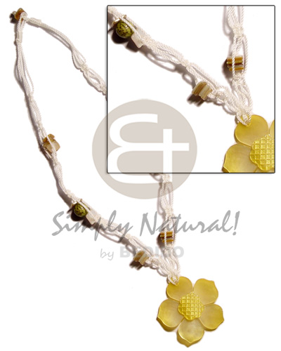 white macrame  buri & shells  accent and 45mm graduated yellow hammershell flower  groove pendant - Home