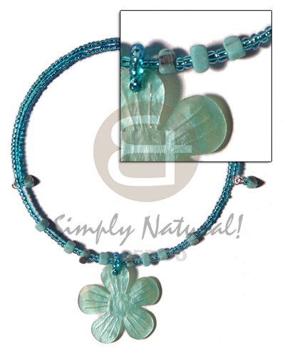 aqua blue glass beads wire choker  limestone accent and 4omm aqua blue flower hammershell pendant - Home
