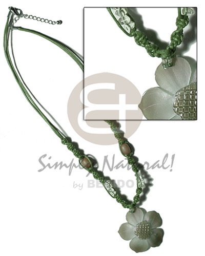 2 layer knotted dark green cord  buri & crstals accent and 45mm  graduated hammershell  grooved nectar pendant - Home