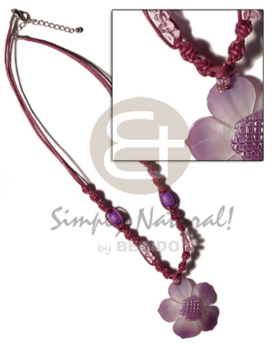 2 layer knotted subdued maroon cord  buri & crstals accent and 45mm  graduated  hammershell  grooved nectar pendant - Home