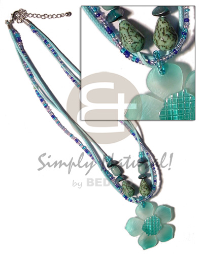 3 layers glass beads & cord  buri seeds accent & graduated aqua blue 45mm hammershell flower  grooved nectar pendant - Home
