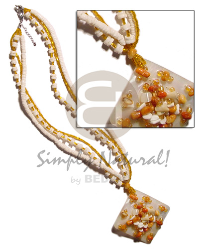 3 layer 4-5 mm white clam heishe & glass beads combination  40mm square hammershell  red corals accent - Home