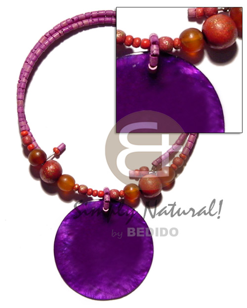 lavender 2-3mm coco heishe choker wire  bone & wood beads accent & 50mm lavender round hammershell pendant - Home