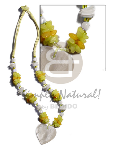 yellow 3 layer wax cord  buri seeds, shell & white rose beads combination  35mm heart hammershell pendant - Home