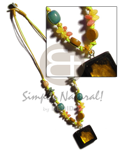 buri seeds in yellow double wax cord  square inlaid capiz pendant laminated in resin - Home