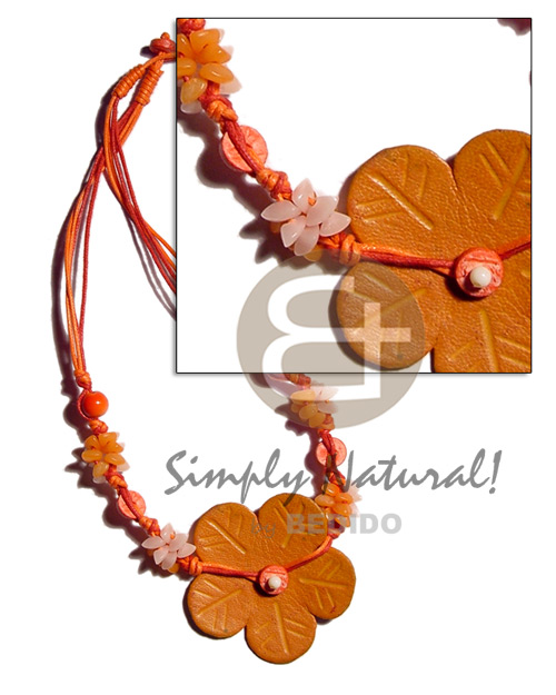 3 layers wax cord  wood beads, buri nuggets & faux leather flower/orange - Home