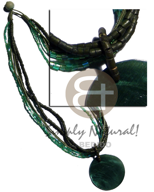 6 rows-2-3mm olive green tones coco heishe, glass beads & wax cord neckline  40mm  matching round hammershell pendant - Home
