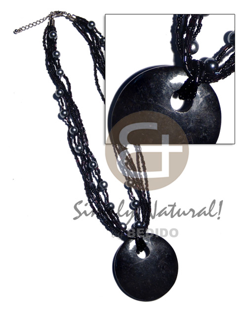 6 rows black glass beads  pearl accent and 55mm black polished stone pendant - Home