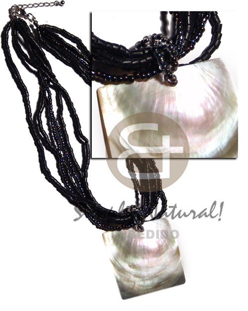 6 layers black 2-3mm coco heishe /glass beads  55mmx55mm square blacklip pendant - Home