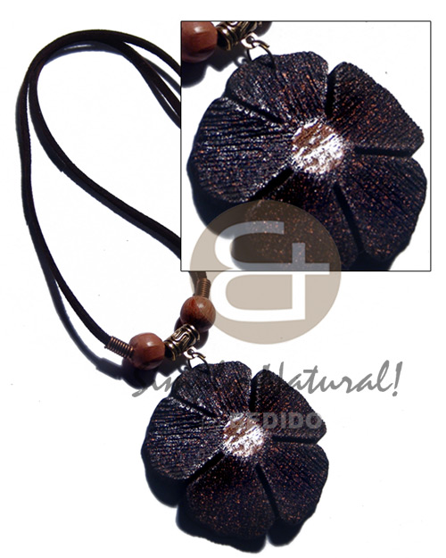 50mm flower black textured painted wood  metallic bronze splashing in dark brown leather thong - Home