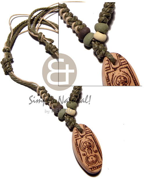 4 layers wax cord in beige/olive green tones combination   35mmx20mm oval wood  burning pendant / adjustable - Home