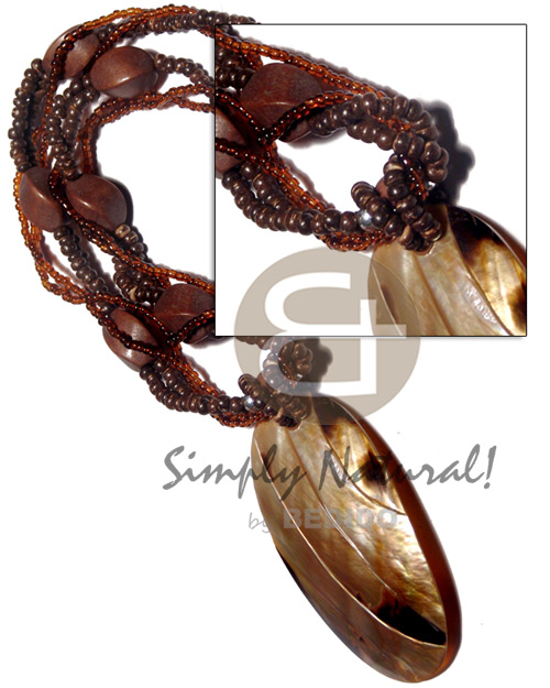4 layers intertwined brown glass beads and 2-mm nat. brown coco Pokalet  twisted brown nat. white wood and 70mmx35mm thin oval brownlip tiger - Home