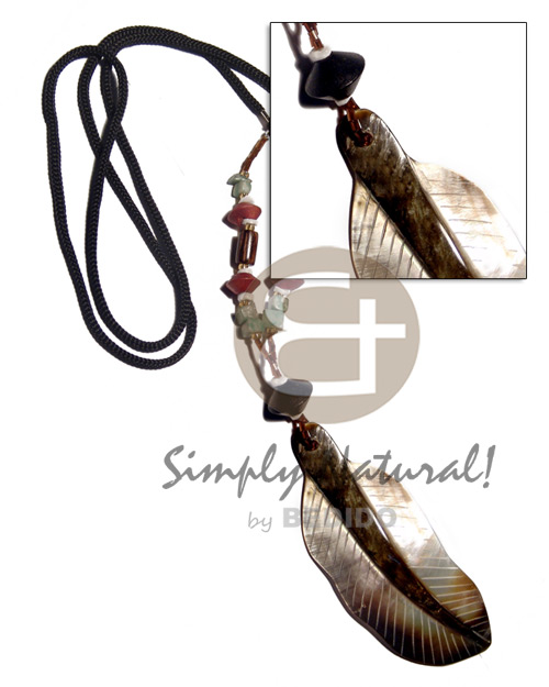 corded 95mmx35mm blacklip  skin leaf pendant  wood beads and stones accent / 32 in - Home