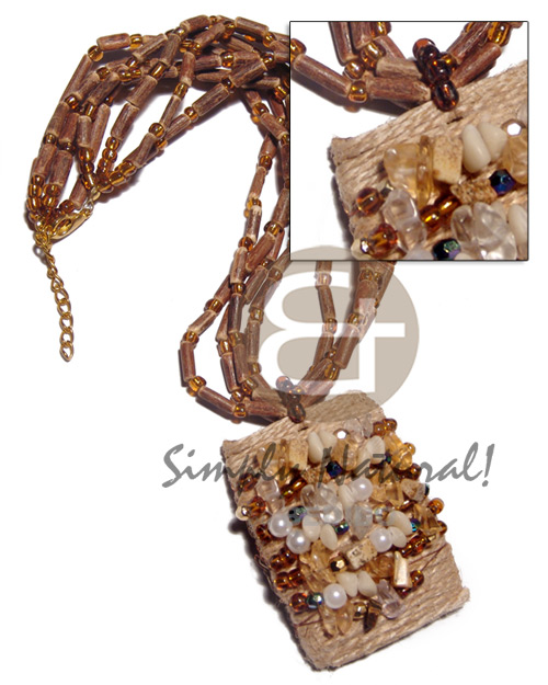 4 rows sig-id  amber glass beads combination  60mmx40mm wood wrapped in jute  asstd. buri.pearl, resin nuggets - Home