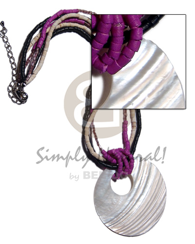 45mm round nat. kabibe shell pendant on violet/black/ bleach white combination 2-3mm coco heishe  cut glass beads combination - Home