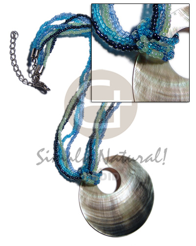 45mm round blacklip shell pendant on 4 layers glass beads -black, aqua blue,light blue and light green combination - Home