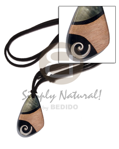 black leather thong  uneven teardrop pendant - everlasting luhuanus, blacklip and wood graining laminated in 45mmx40mm clear resin  black resin backing/5mm thickness /adjustable nk - Home