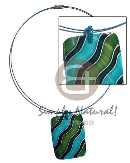 coated blue cable wire neckline  handpainted and colored rectangle 50mmx40mm kabibe shell pendant embellished  elevated /embossed metallic paint accent lines / blue, green and silver tones / 18in. - Home
