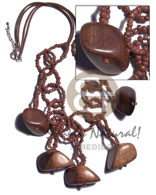 dangling  camagong tiger  hardwood chunks on brown glass bead rings and 2 rows matching  wax cord / 24 in.  ext. chain - Home
