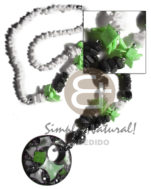 black coco sq. cut / white rose sq. cut, neon green carazy cut and white mongo shells combination  45mm (18mm inner hole) round black resin  laminated shell chips and 15mm brownlip mosaic ball / 25in  barrel lock - Home