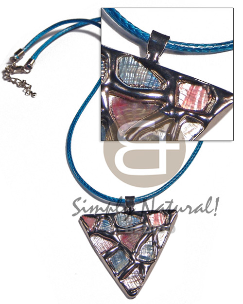 triangle 50mm glistening abalone in pastels   shiny blue woven cord neckline / molten silver metal series /  attached 5mm bell ring / electroplated/ 18in - Home