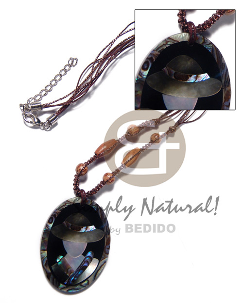 glitter cord and wax cord in macrame and 50mmx38mm oval pendant /elegant hat lady delicately etched in shells - brownlip, blacklip and paua combination in jet black laminated resin / 5mm thickness / 18in - Home