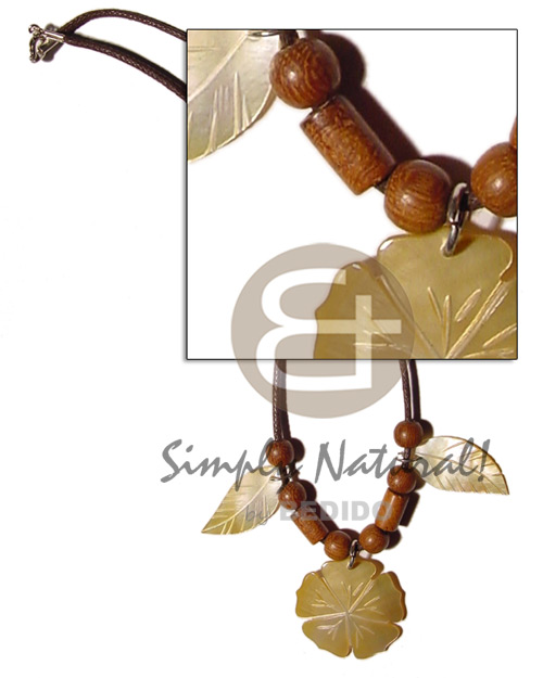 wax cord  wood beads, 30mm MOP flower pendant and 15mm leaves accent - Home