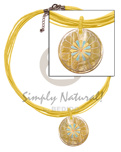 6 layer yellow wax cord  matching 40mm round handpainted MOP pendant - Home