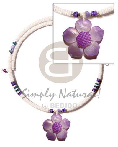 white clam 3-4mm  wire choker  hammershell heishe  accent  45mm lavender flower hammershell  groove nectar  pendant - Home
