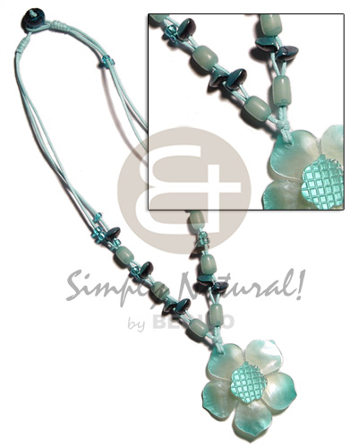 2 layer knotted aqua blue wax cord  buri & shells  accent and graduated aqua blue hammershell flower  groove pendant - Home