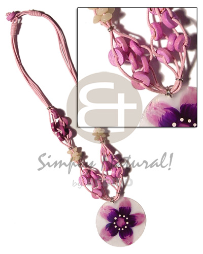 4 layer knotted pink cord  coco pokalet & buri accent and 40mm  handpainted capiz pendant - Home
