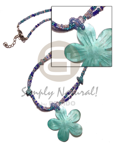 aqua blue glass beads  limestone accent & 40mm aqua blue grooved flower hammershell pendant - Home