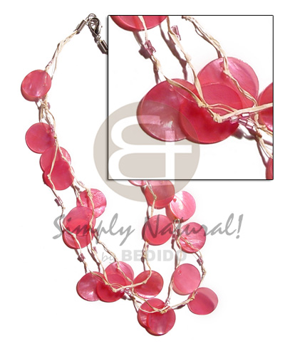 3 rows raffia in graduated length  21 pcs. round 18mm pink hammershell  and glass beads accent - Home