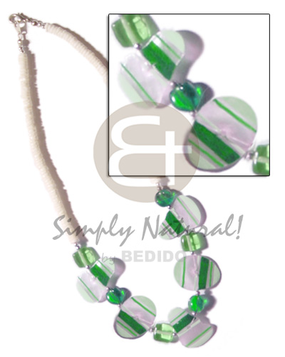 painted green striped capiz & crystals accent in 4-5mm white clam heishe - Home