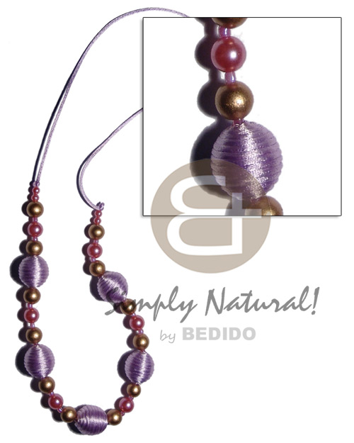 20mm wrapped wood beads  golden wood beads, pearl combination in lilac/pink tones on lilac satin cord / 30 in - Home