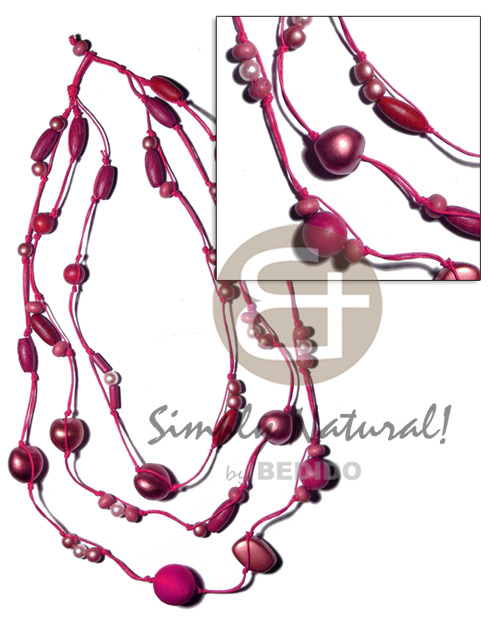 3 rows 16" 17" 18" wax cord  asstd. wood beads, pearl, wrapped wood bead, pearlized kukui nuts in fuschia pink tones - Home